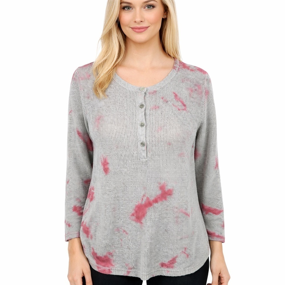 Lisa Todd Waffle Knit Henley Top Pink & Beige Tie Dye Crop Boxy Boho Size L